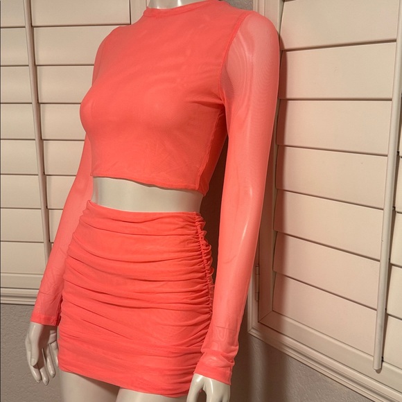 Hot & Delicious Neon Coral Ruched Two-Piece Set | Long Sleeve Crop Top &  Skirt - Picture 7 of 12